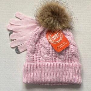 Girls Wonder Nation Pink Pom Pom Winter Hat and Gloves Set NWT
